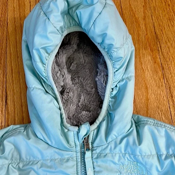The north face green and greyreversible jacket girl size 4